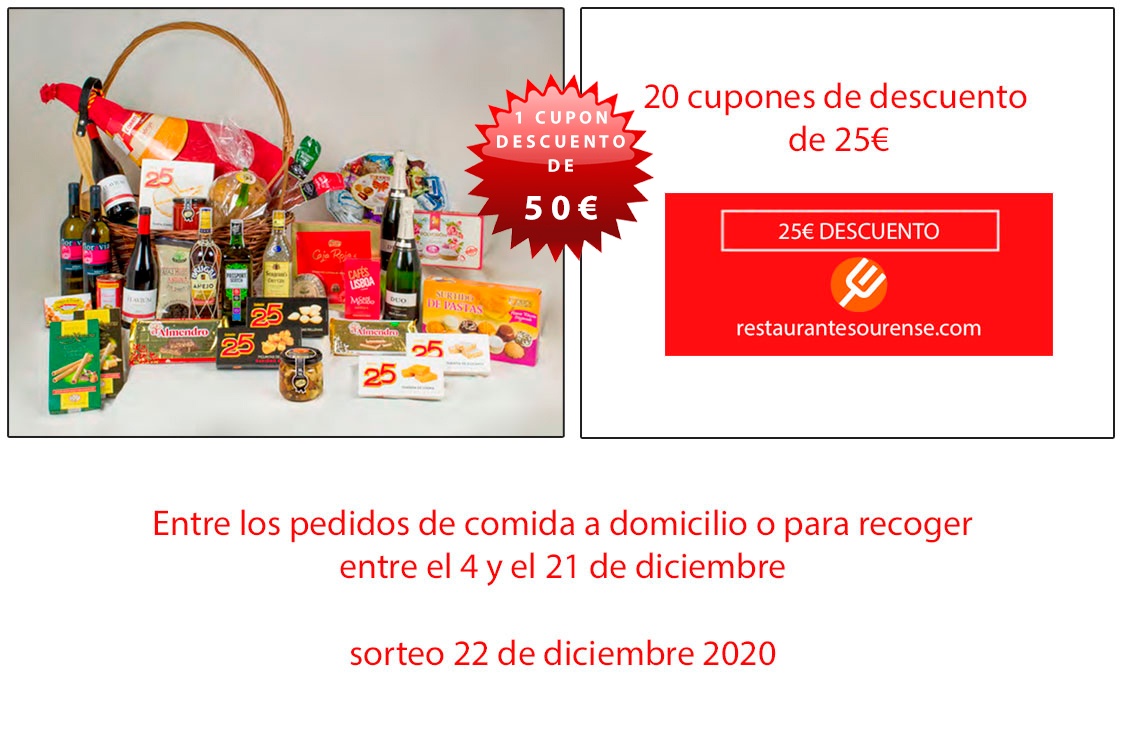 Sorteo Navidad: Cesta de Navidad, Cupón Descuento de 50€ y  20 Cupones Descuento de 25€